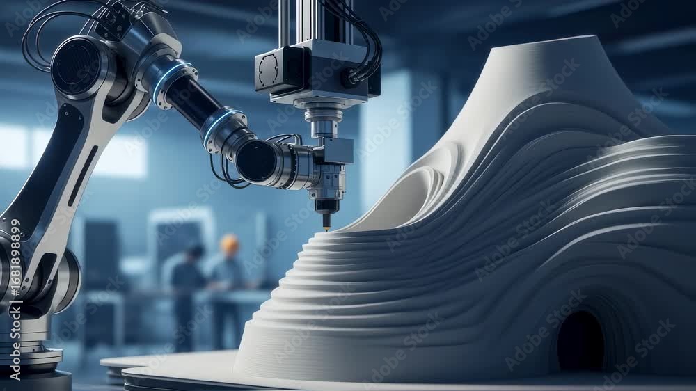Poster footage of a robotic arm adjusting nozzle angles while layering walls showcasing adaptive technology