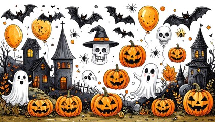 Halloween-themed graphic design with spooky houses, pumpkins, ghosts, and bats; a charming, whimsical illustration.