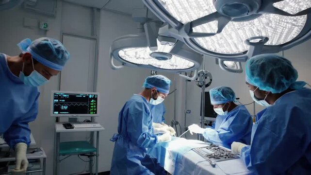 Medical practitioners conducting surgical procedure within operating theater