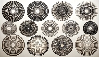 A collection of intricate, circular designs in grayscale, showcasing a variety of patterns and textures.
