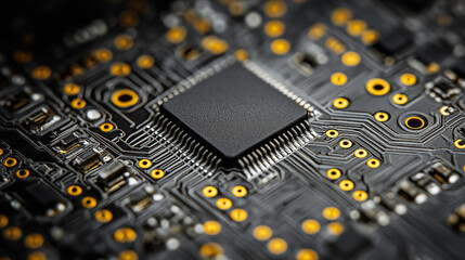 Fototapeta premium A black circuit board with a microchip closeup, showcasing intricate electronic pathways, components, and the complexity of modern technology.