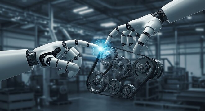 Robots Collaborate in Modern Factory. - Powered by Adobe