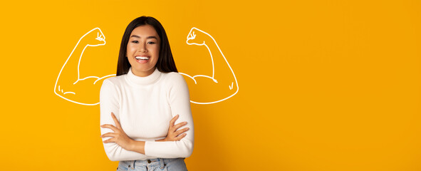 A young Asian woman stands confidently with her arms crossed, smiling against a vibrant yellow background. The design highlights her strong spirit and represents empowerment in modern culture.