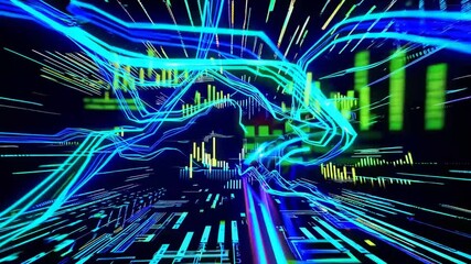 conceptual visualization of data analytics featuring high-speed motion blur effect representing digital data transfer and processing - Powered by Adobe