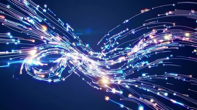 Visual Representation of Large Data Volume Abstract Transformation of Information Processing Sorting Data Fragmentation Business Analytics Flow of Information in Wave and Particle Forms