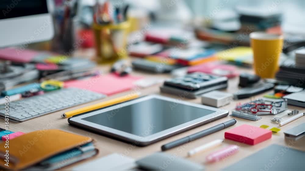 Aufkleber medium shot of a flat lay with a sharp focus on a digital tablet and stylus surrounded by blurred te