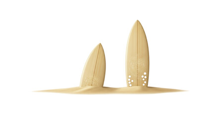 Isolated wood-grain surfboards in sand, seaside vacation lifestyle design element graphic asset