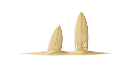 Isolated wood-grain surfboards in sand, seaside vacation lifestyle design element graphic asset