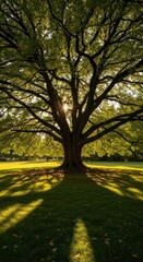 Obraz premium Majestic oak tree with sunburst through branches in sunlit park