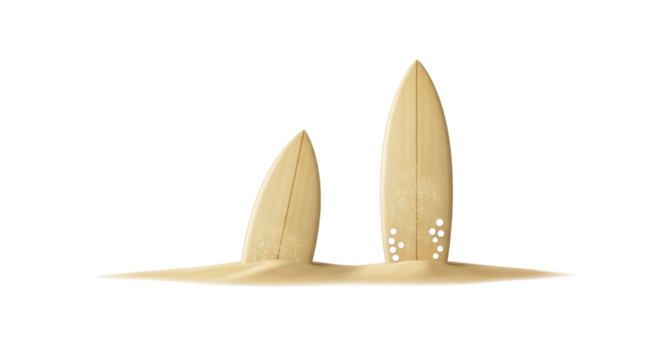 Isolated wood-grain surfboards in sand, seaside vacation lifestyle design element graphic asset