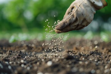 Ultra-realistic scene showing a farmer's hand holding a handful of chemical fertilizer granules over farmland soil, granules falling in slow motion, blurred green field background, natural daylight
