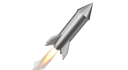 Isolated metallic rocket taking off, flames shooting out, a symbol of innovation, flight