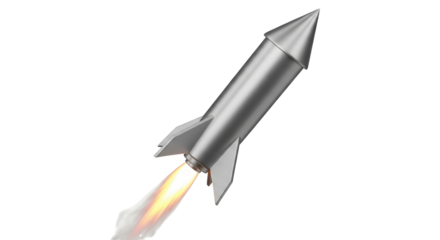 Isolated metallic rocket taking off, flames shooting out, a symbol of innovation, flight