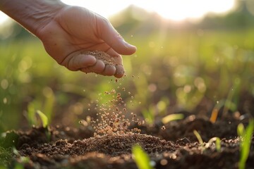 Ultra-realistic scene showing a farmer's hand holding a handful of chemical fertilizer granules over farmland soil, granules falling in slow motion, blurred green field background, natural daylight