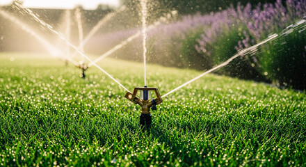 Water Sprinklers Irrigate a Lush Green Lawn on a Sunny Day, Creating a Refreshing Oasis