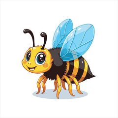 Cartoon Flying Bee Vector Illustration,Cute Yellow Black Bee Insect Clipart,Colorful Honey Bee with Blue Wings,Vector Illustration of a Flying Wasp,Detailed Insect Mascot Style Artwork