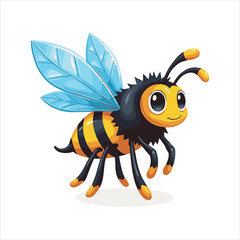 Cartoon Flying Bee Vector Illustration,Cute Yellow Black Bee Insect Clipart,Colorful Honey Bee with Blue Wings,Vector Illustration of a Flying Wasp,Detailed Insect Mascot Style Artwork