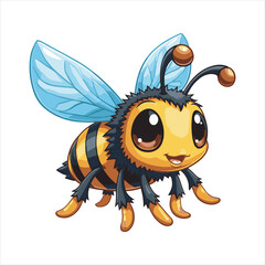 Cartoon Flying Bee Vector Illustration,Cute Yellow Black Bee Insect Clipart,Colorful Honey Bee with Blue Wings,Vector Illustration of a Flying Wasp,Detailed Insect Mascot Style Artwork