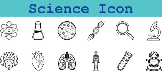 Collection of science icons including atom, flask, DNA, microscope, brain, heart, lungs, skeleton, test tube, and mortar and pestle, isolated on transparent background