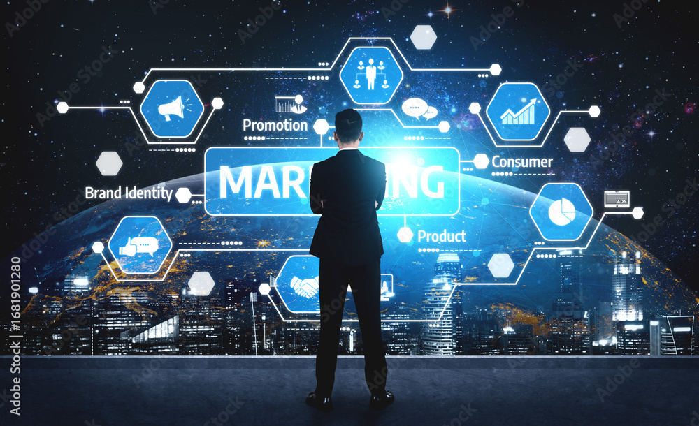 Aufkleber a business professional stands in front of a futuristic digital interface, analyzing marketing strat