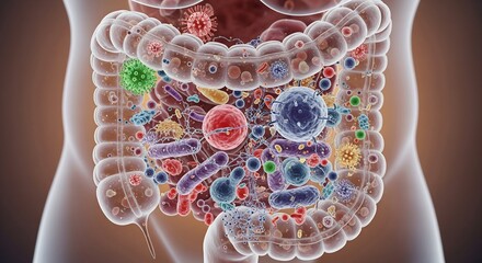 Intricate 3D visualization of the human gut microbiome, showcasing the complex ecosystem of intestinal bacteria, viruses, and beneficial probiotics