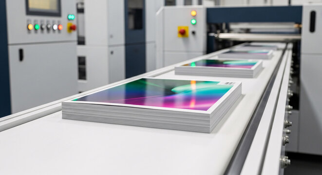 Printing Industry Conveyor Belt Delivering Stacks of Freshly Printed Materials