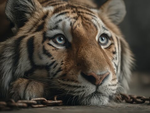 Majestic tiger resting with intense gaze in a cage setting during the afternoon - Powered by Adobe