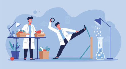 Two curious scientists push the boundaries of research in a vibrant lab, conducting an unconventional experiment with focused determination and an element of playful discovery