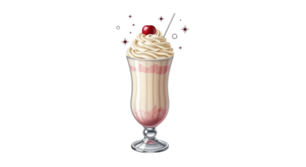 Isolated Strawberry Milkshake with Whipped Cream Topping and Cherry Garnishment