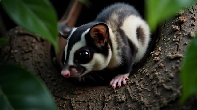Adorable sugar glider peeking from a tree in dim moonlight, quick darts caught on handheld camera, soft chatter, nocturnal scene.