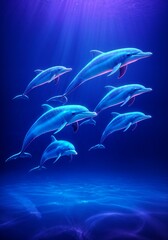 Dolphin Pod Swimming in Deep Blue Ocean with Sunlight Rays