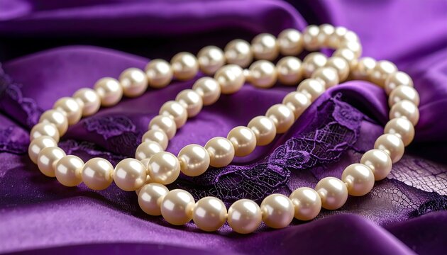 Elegant pearl necklace lays draped gracefully over a luxurious purple satin and lace fabric.