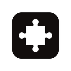 Simple jigsaw puzzle piece icon on a black background. A minimalist symbol representing problem-solving, strategy, connection, and solutions