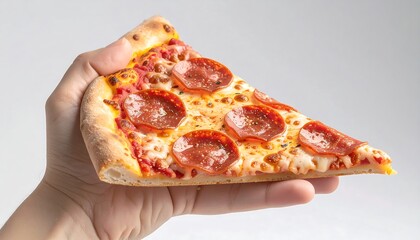 A delicious slice of pepperoni pizza held in a hand against a simple background.