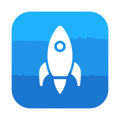 Minimalist rocket ship icon on a blue background, symbolizing a new project launch, startup boost, and rapid technological progress
