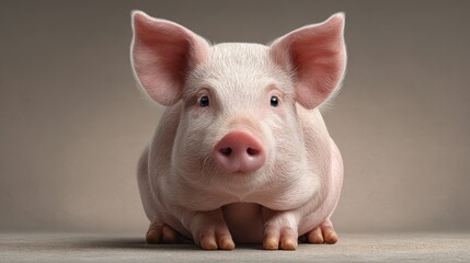 Cute pink pig sitting on a smooth surface, looking curiously at the viewer in a well-lit indoor setting