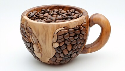 A carved wooden coffee mug is filled with dark roasted coffee beans and rests on a white background.