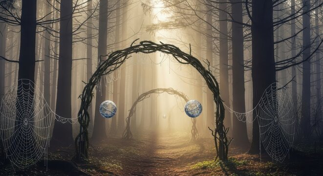 Enchanted forest pathway with glowing orbs and archways, bathed in mystical sunlight