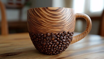 A handcrafted wooden mug features a unique design of coffee beans encircling its lower section, sitting on a wooden table.