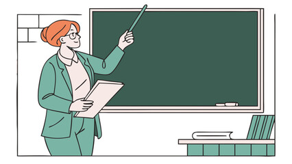 professional female teacher in green suit teaching at classroom chalkboard - education instruction scene