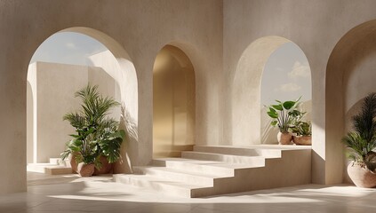 Beige arches, steps, and plants.  Sunlight streams in