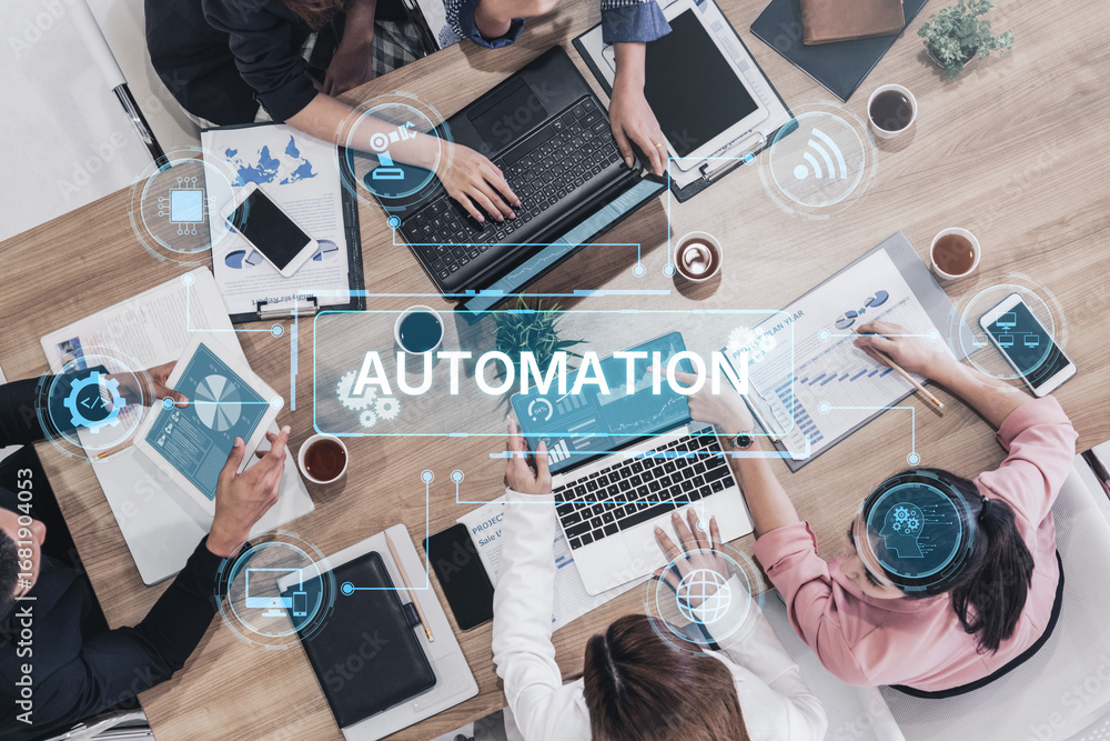 Poster modern automation drives workflow efficiency by connecting systems, people, and data. with intellige