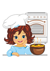 Cute smiling girl is cooking soup in the kitchen