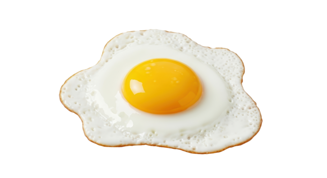 Isolated fried egg with shiny yolk and blistered edges, a tasty breakfast food item