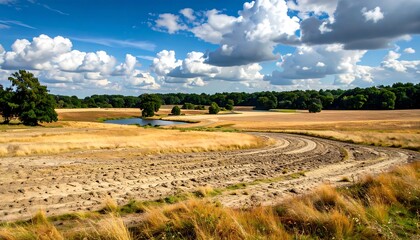 A scenic landscape reveals a winding dirt path through golden fields, a tranquil pond, and lush greenery under a partly cloudy sky.