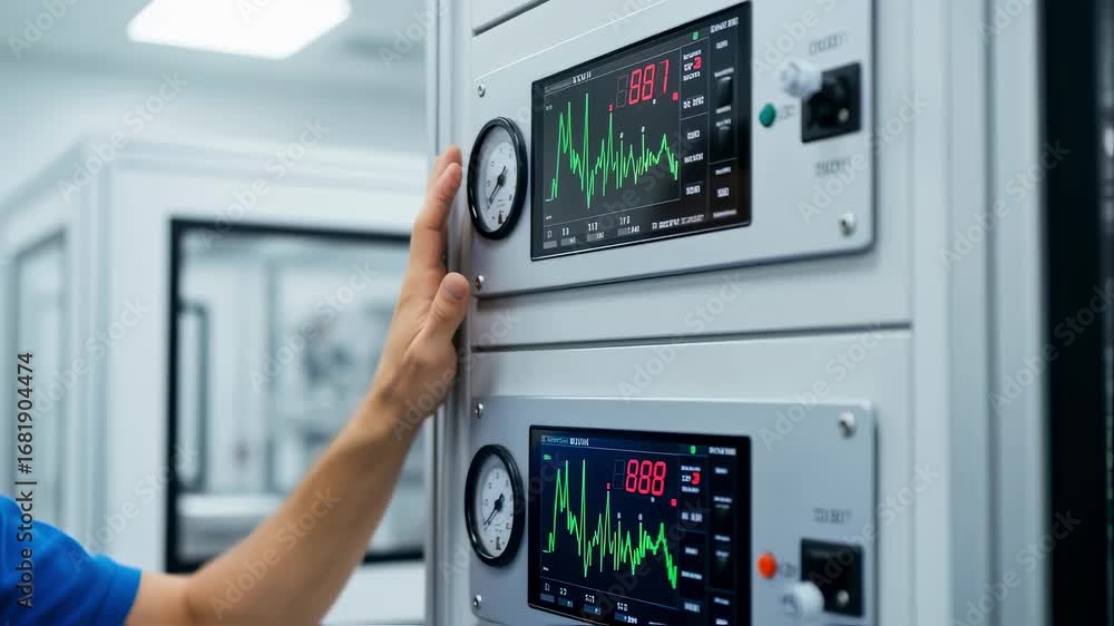 Poster engineer monitoring digital gauges displaying pressure levels while performing negativepressure test