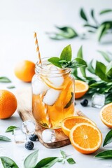 Refreshing berry lemonade in a jar with fresh mint on a sunny day outdoors