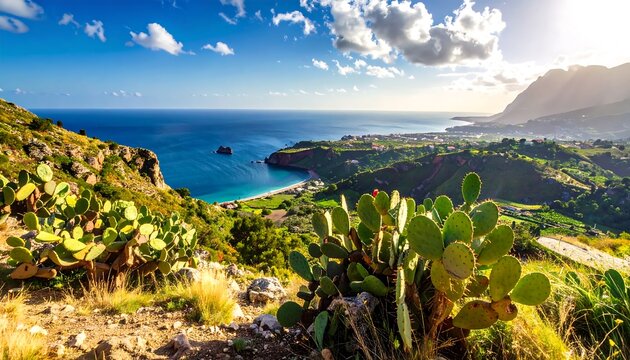 A breathtaking vista of a Mediterranean coastline, showcasing lush green hills, a vibrant blue sea, and prickly pear cacti against a backdrop of dramatic mountains.