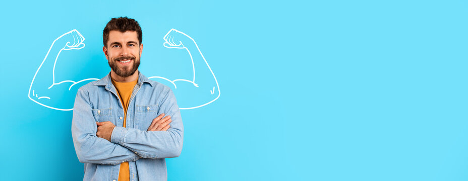 A person stands confidently with crossed arms against a bright blue background, embodying strength and resilience. The bicep outlines emphasize a strong spirit and positive energy.