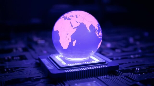 A globe resting on a computer chip with glowing circuit lines underneath. 4k video